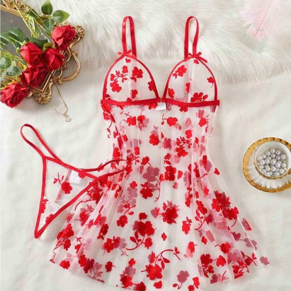 Floral Red Sheer Lingerie Set